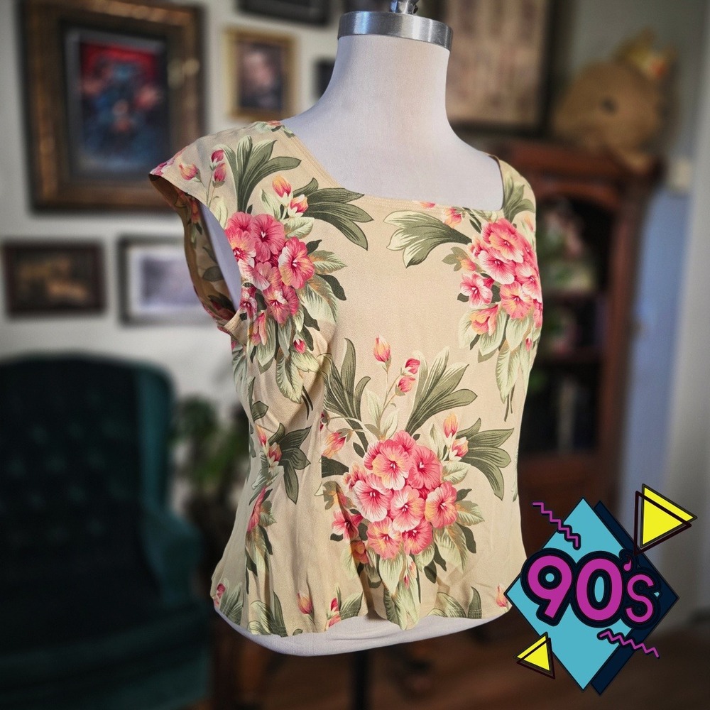 Vintage 90s Jones New York Silk Floral Blouse Tan Cap Sleeve‎ Square Neck Top